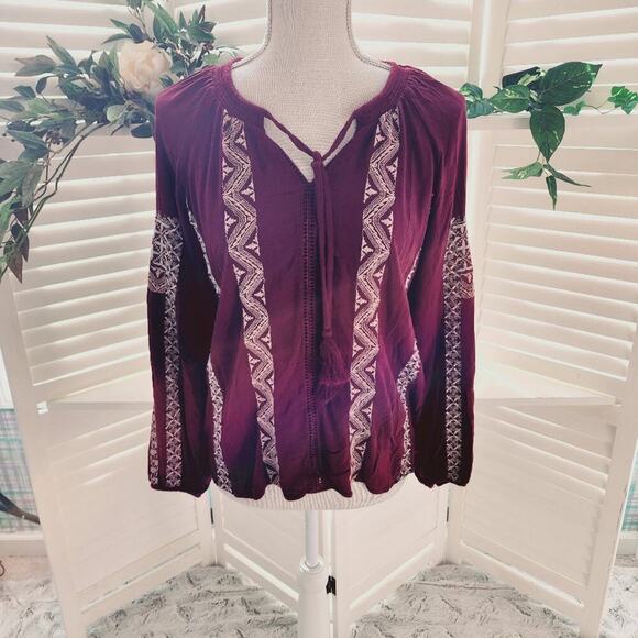 AMERICAN EAGLE BURGANDY EMBROIDERED BOHO BALLOON SLEEVE BLOUSE SIZE SMALL - Picture 1 of 7